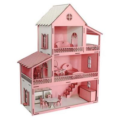 Okutan Ahşap Oyun Evi 3 Katlı Ev Eşyalı 60Cm Pembe