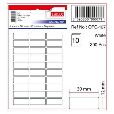 Tanex Düz Beyaz Okul Ofis Etiketi 10'Lu Paket 12X30mm