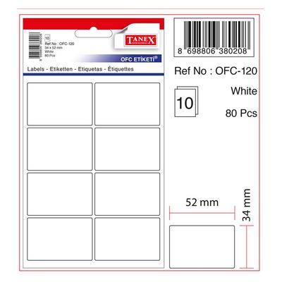 Tanex Düz Beyaz Okul Ofis Etiketi Ofc-120 10'Lu Paket 34X52mm